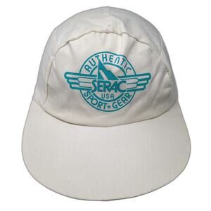 Serac 5 Panel Hat White Blue OSFM Elastic Back Sport Gear USA Logo Screen Print